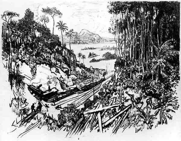The Jungle: The Old Railway, plate VIII fra Panamakanalen av Joseph Pennell, 1912 (kull på papir) av Joseph Pennell