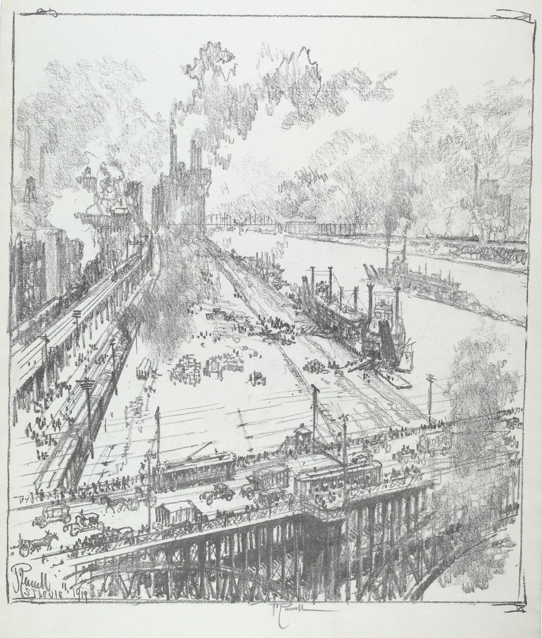 The Levee fra Eads Bridge, St. Louis av Joseph Pennell