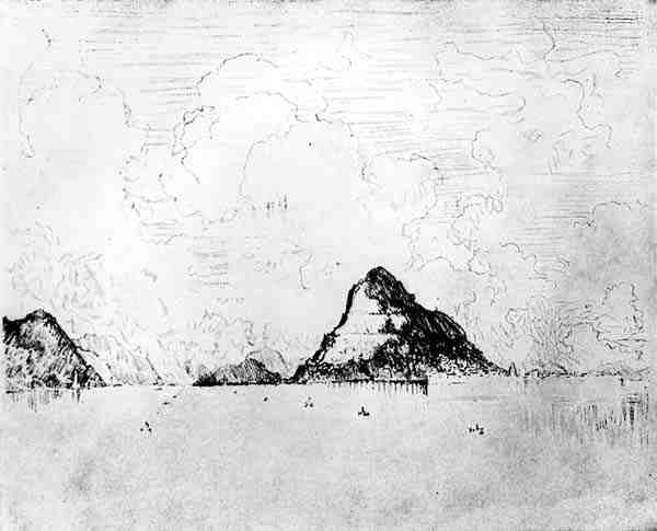 The Mouth of the Canal from the Sea, plate XXVIII fra The Panama Canal av Joseph Pennell, 1912 (kull på papir) av Joseph Pennell