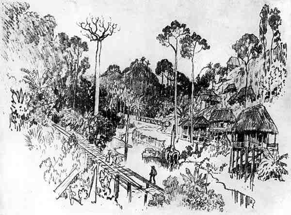 The Native Village, plate IX fra Panamakanalen av Joseph Pennell, 1912 (kull på papir) av Joseph Pennell
