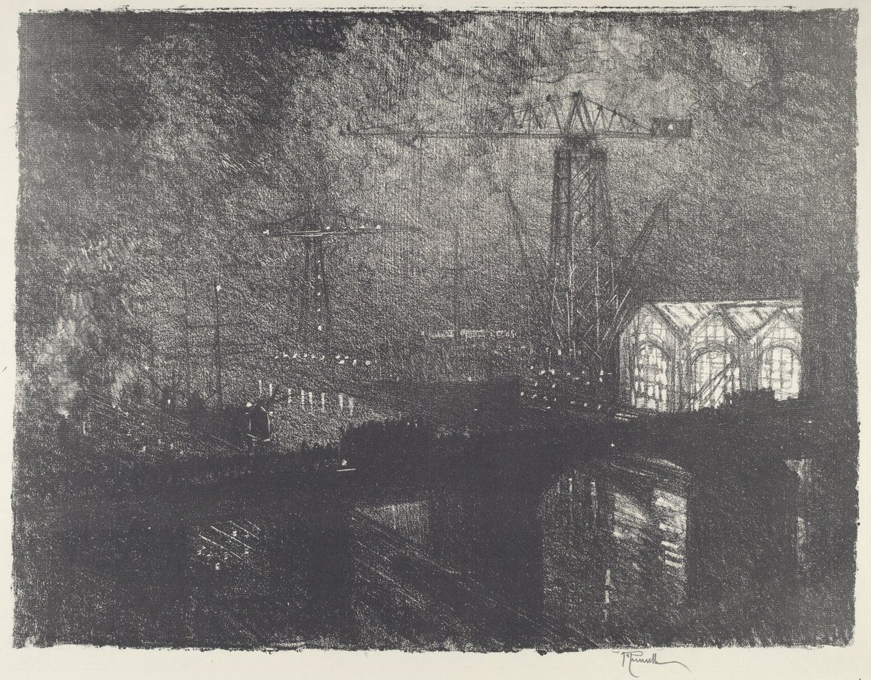 Butikkene om natten, skiftende skift, 1916. av Joseph Pennell