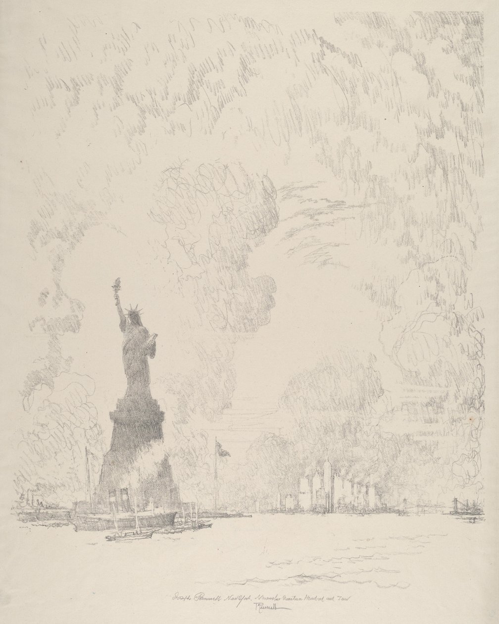 Statuen, New York Bay, 1910. av Joseph Pennell