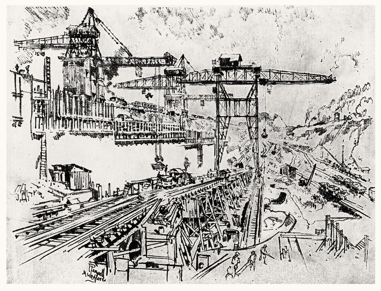 The Walls of Miraflores Lock, plate XXIII fra Panamakanalen av Joseph Pennell, 1912 (kull på papir) av Joseph Pennell