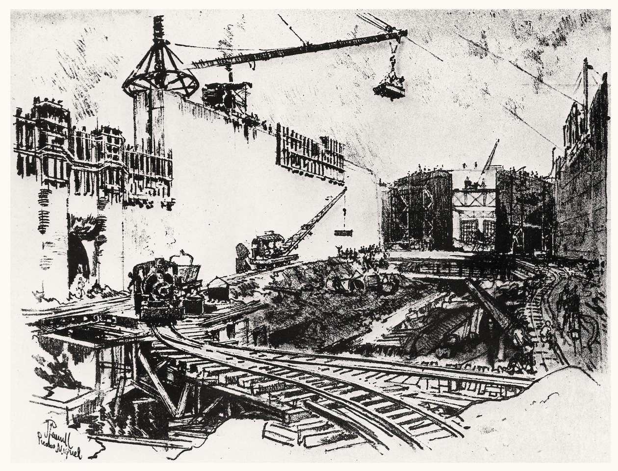 The Walls of Pedron Miguel, plate XX fra Panamakanalen av Joseph Pennell, 1912 (kull på papir) av Joseph Pennell