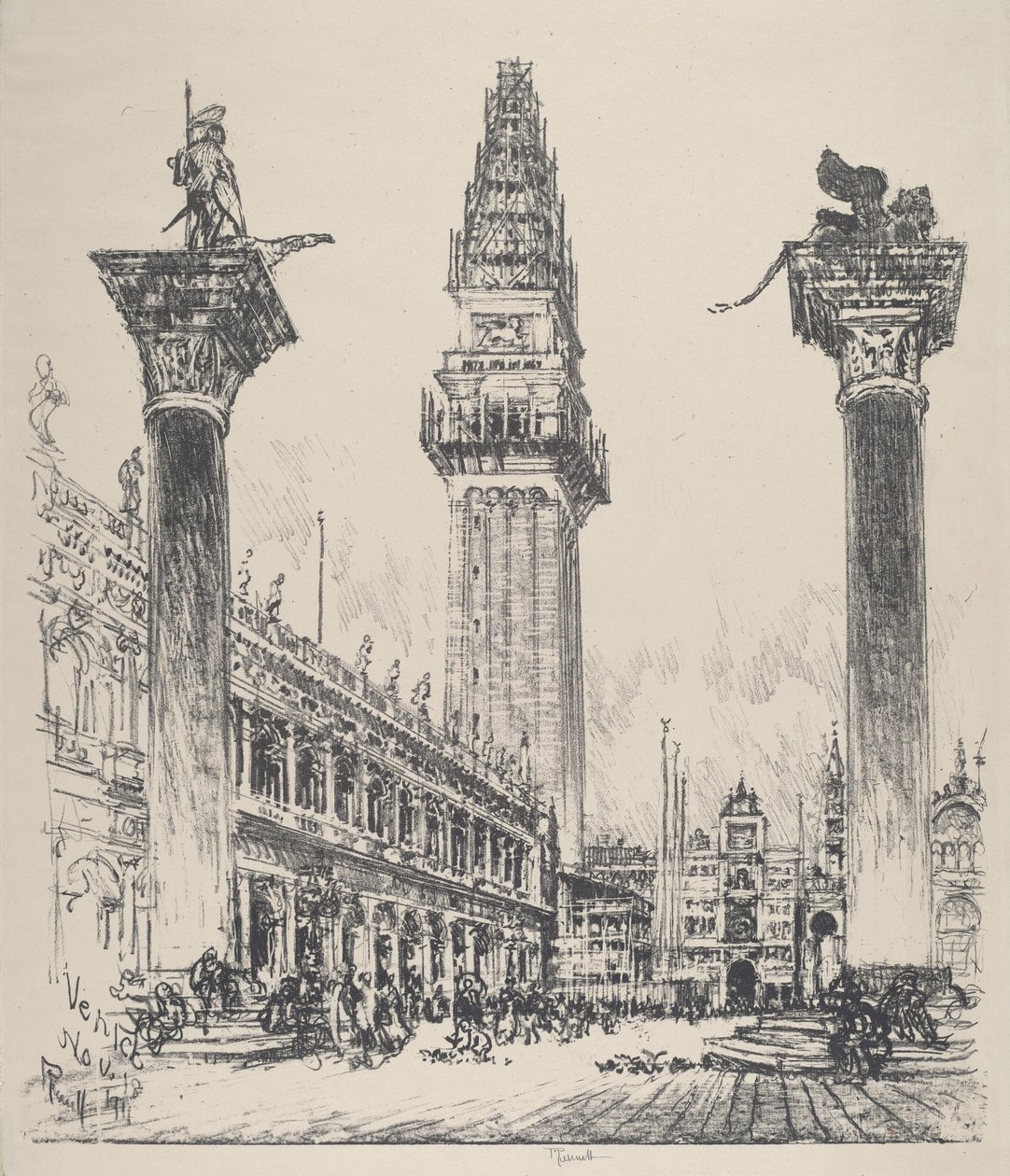 Venezia, gjenoppbygging av kampanilen av Joseph Pennell