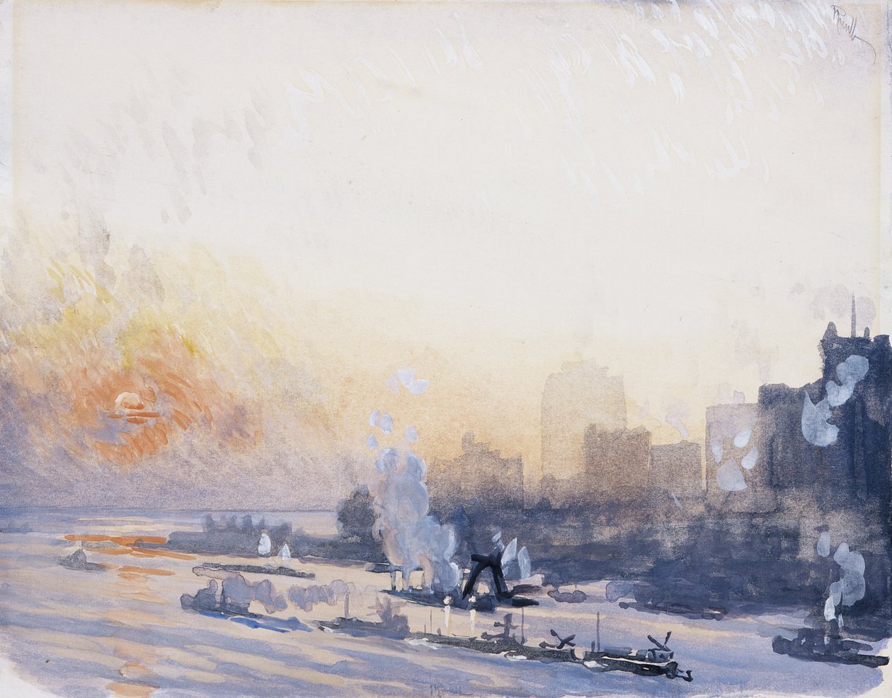 Vintersolnedgang, New York havn av Joseph Pennell