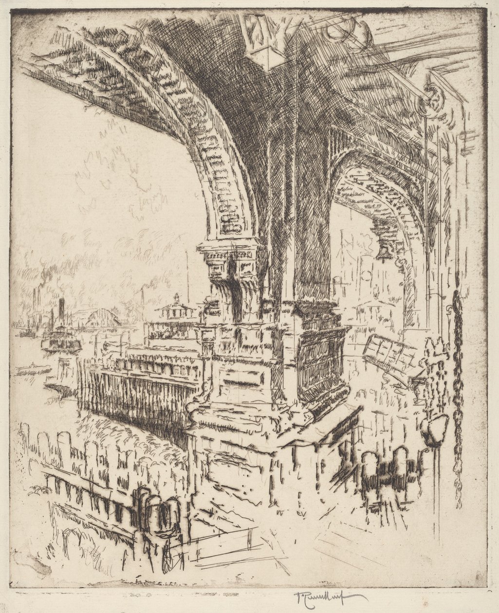 Innenfor fergen, Cortlandt Street, New York av Joseph Pennell
