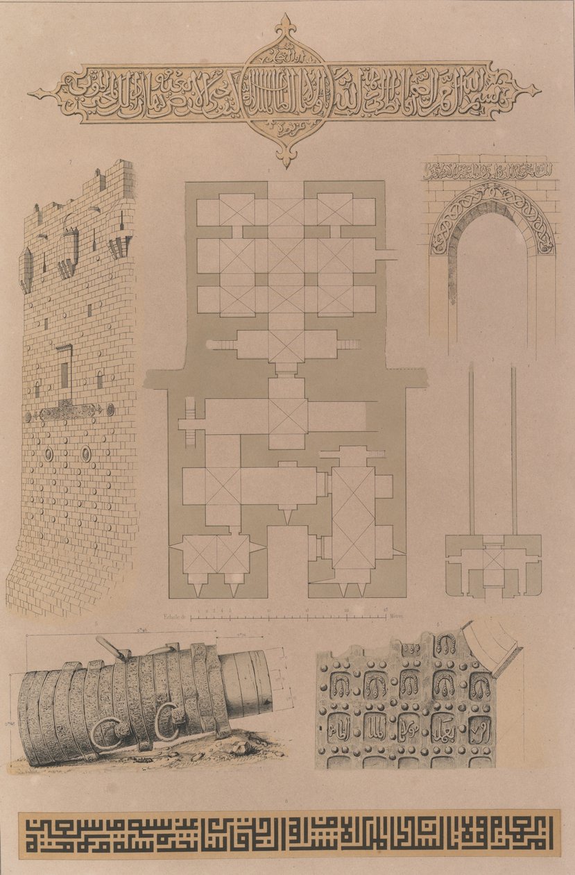 59. Plan og detaljer, Aleppo slott, 1843. av Joseph Philibert Girault De Prangey