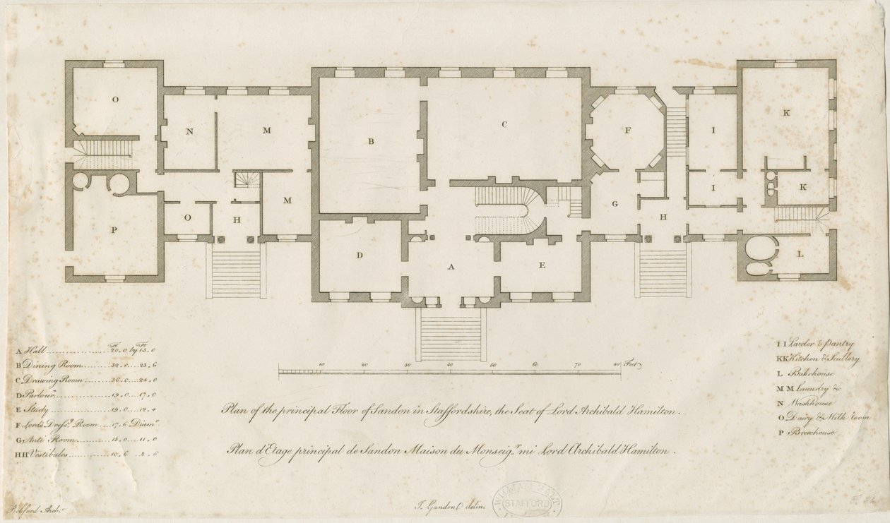 Sandon Hall - Plan over hovedetasjen: gravering, nd [1769-1771] (trykk) av Joseph Pickford