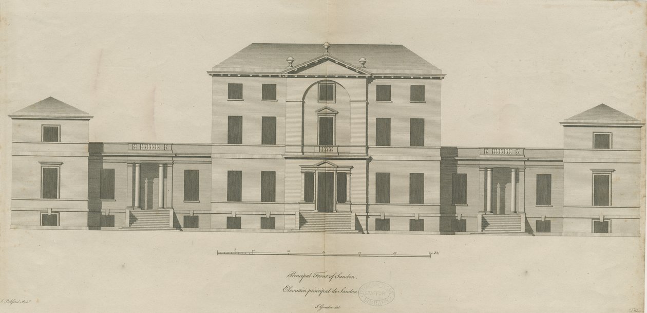 Sandon Hall: gravering, nd [1769-1771] (trykk) av Joseph Pickford