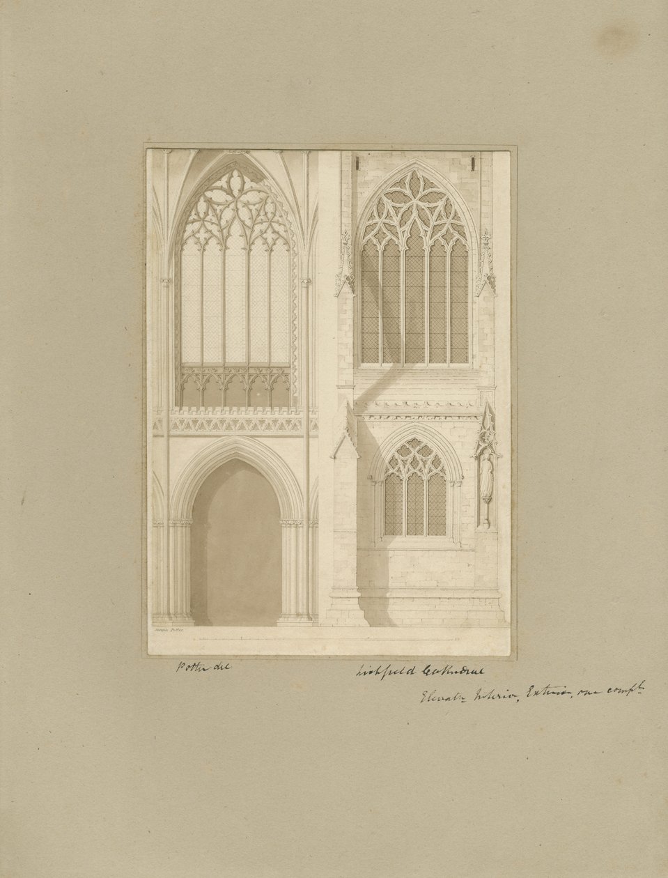 Interiør i Lichfield Cathedral - Kor: sepia-tegning, [1819] (tegning) av Joseph Potter