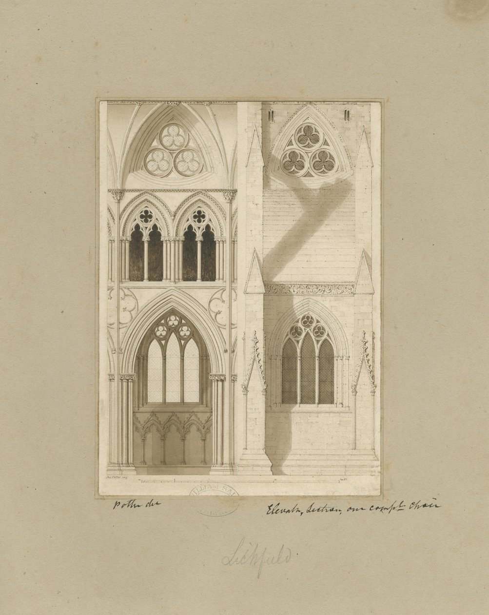 Interiør i Lichfield Cathedral - Nave: sepia-tegning av Joseph Potter