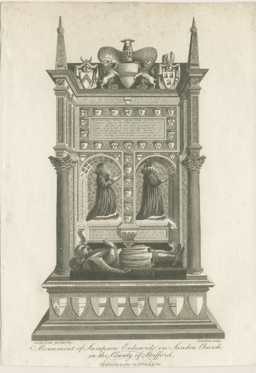Sandon Church - Sampson Erdeswickes grav: gravering av Joseph Potter
