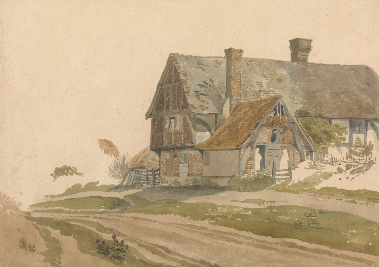 Våningshus med figurer ved dør og vindu av Joseph Powell