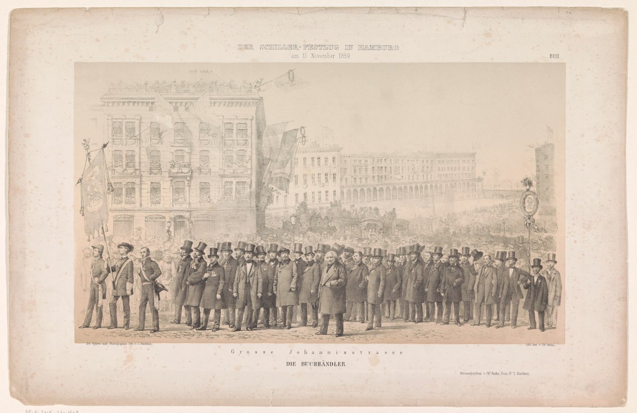 Optocht van bokhandel i Hamburg Grosse Johannisstrasse / The Booksellers (tittel på objekt) Optocht i Hamburg tere van Friedrich von Schiller (serietittel) Schiller-arrangementet i Hamburg (serietittel på objekt) av Joseph Puschkin
