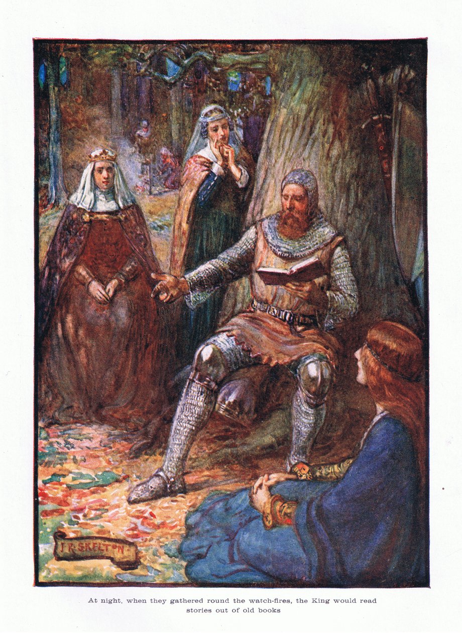 Om natten når de samlet seg rundt vaktbålene, leste kongen historier fra gamle bøker., 1910 av Joseph Ratcliffe Skelton