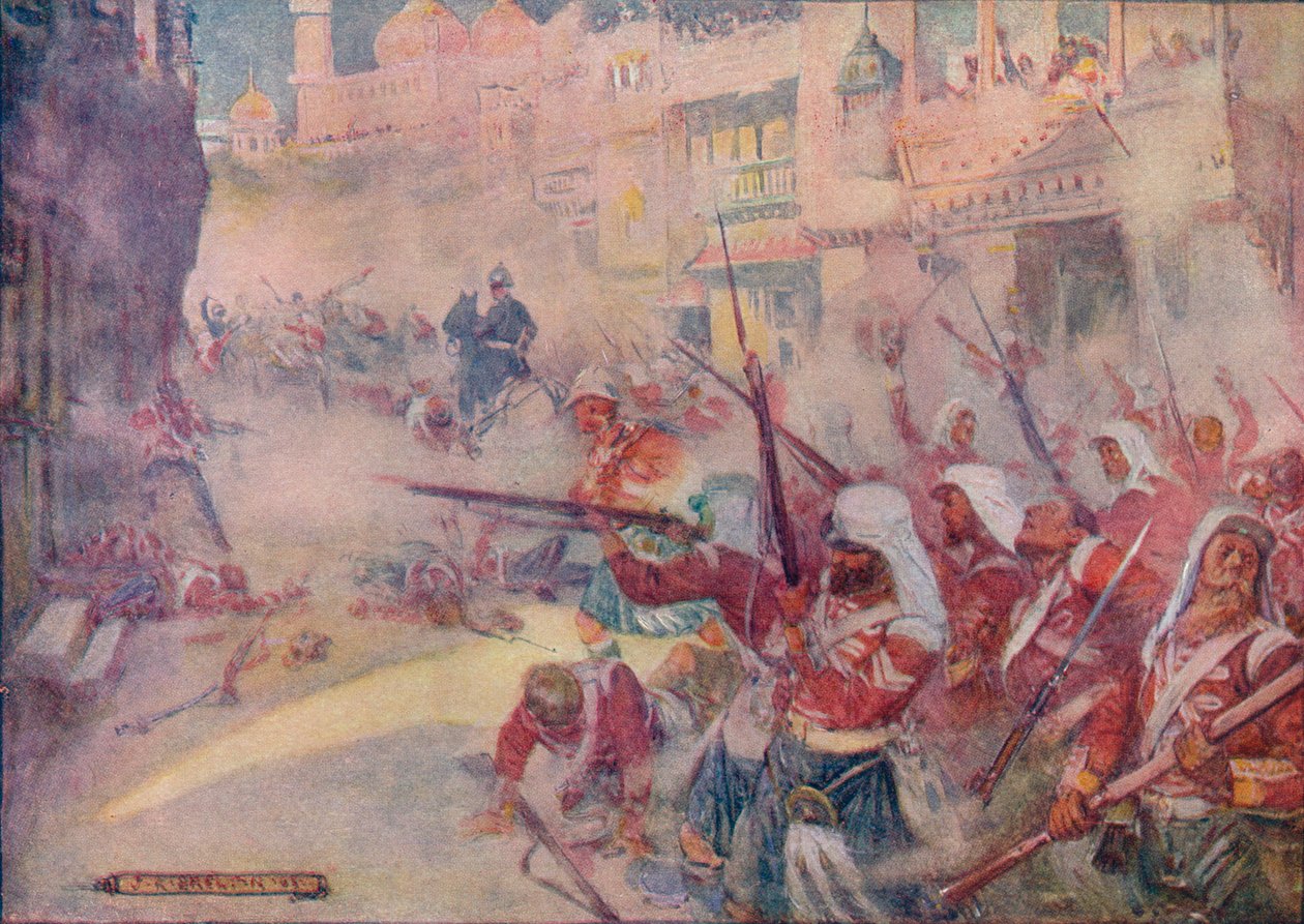 Britiske soldater ble sett kjempe seg gjennom gatene, 1908, c1920. av Joseph Ratcliffe Skelton