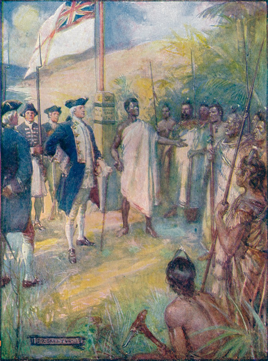 Cook fortalte maoriene at han var kommet for å sette et merke på øyene deres, c1908, c1920. av Joseph Ratcliffe Skelton