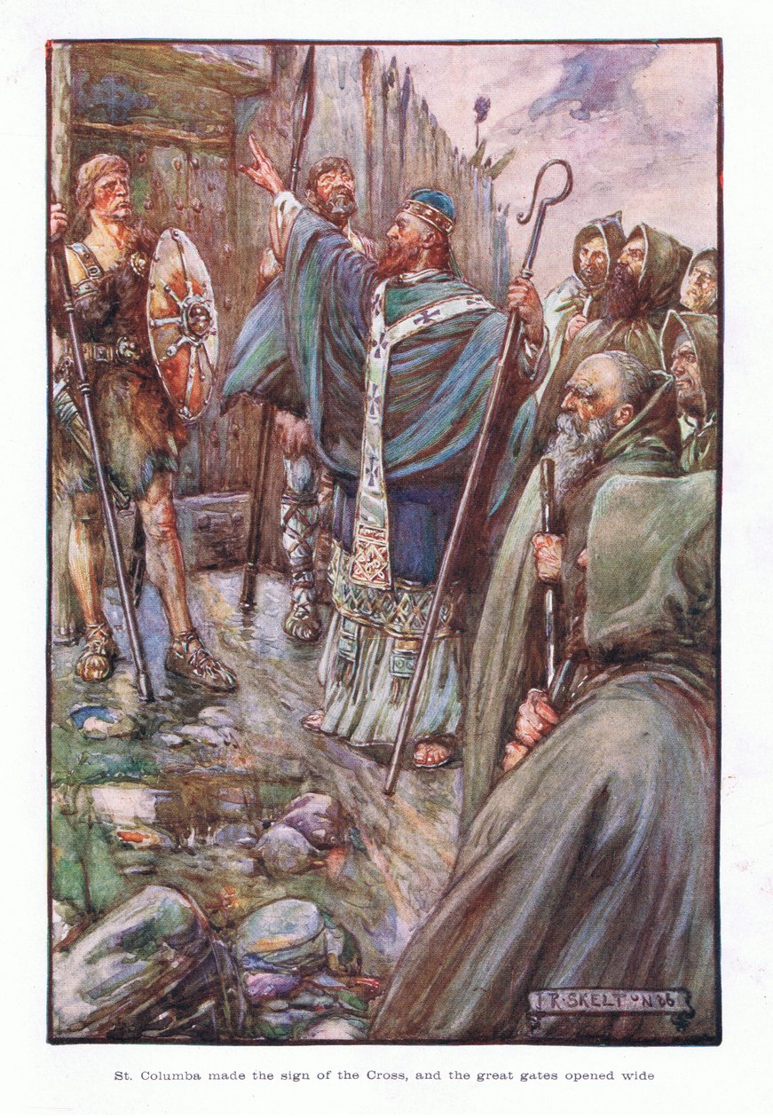 St. Columba gjorde korsets tegn, og de store portene åpnet seg på vidt gap, 1910 av Joseph Ratcliffe Skelton