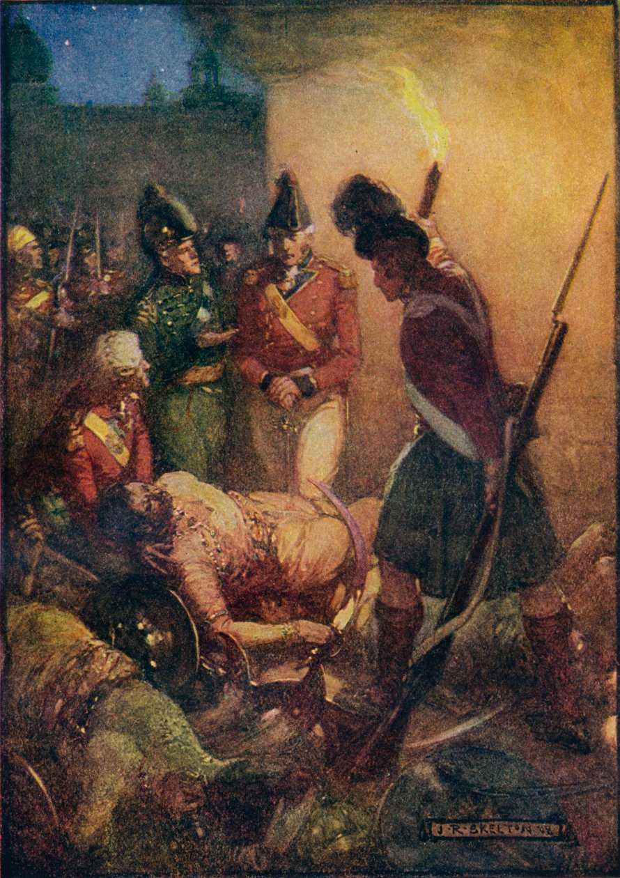 Tippoo Sultans kropp ble funnet begravet under de av hans tilhengere, 1908, c1920. av Joseph Ratcliffe Skelton