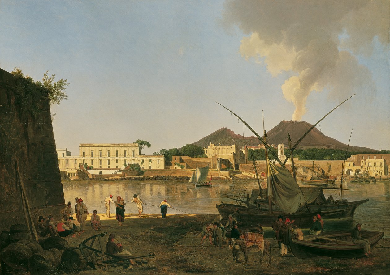 Havnen i Granatello nær Portici med Vesuv i bakgrunnen av Joseph Rebell
