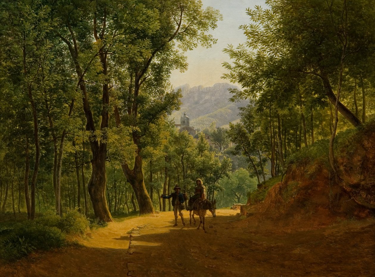 Italiensk landskap (sti ved Cava de´Tirreni med kirken Santa Maria Maggiore ved Corpo di Cava og Monte Finestra i bakgrunnen) av Joseph Rebell
