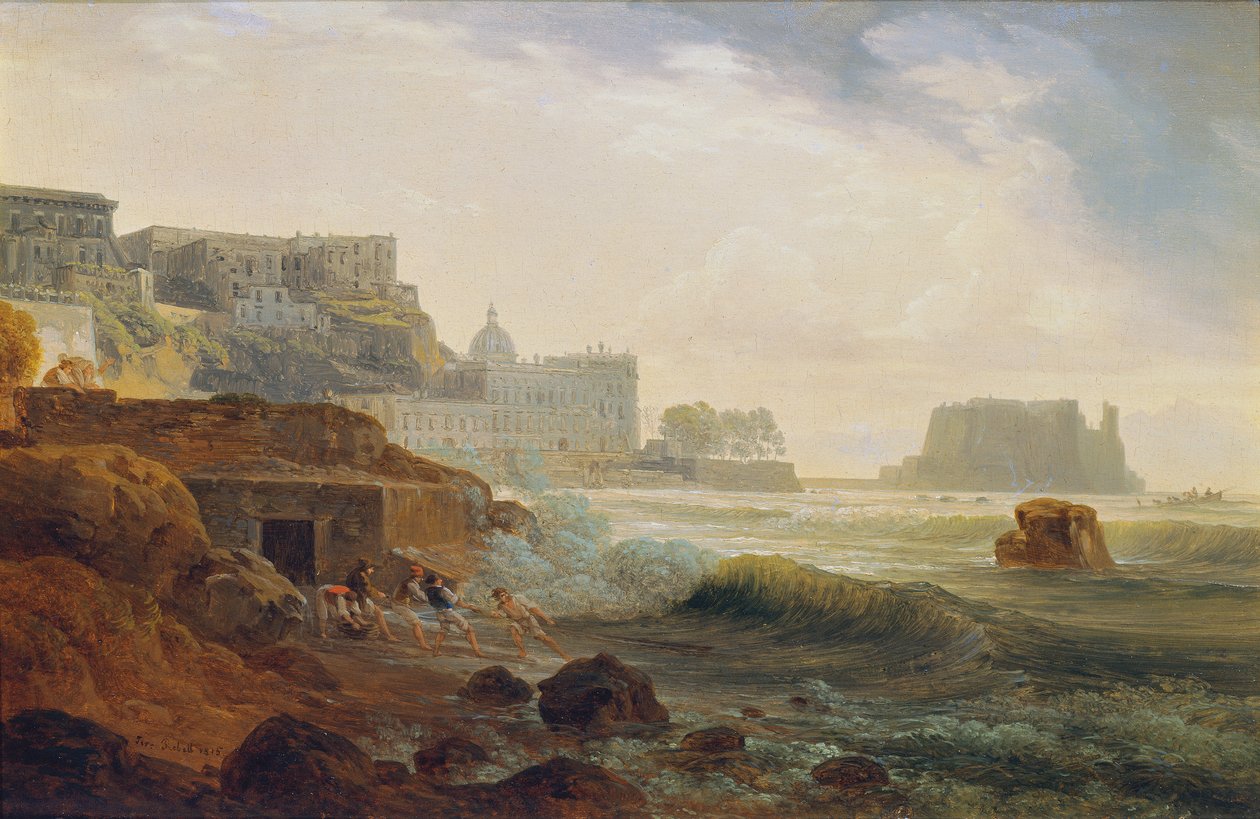 Kyst nær Napoli med et fort og fiskere som trekker et garn av Joseph Rebell