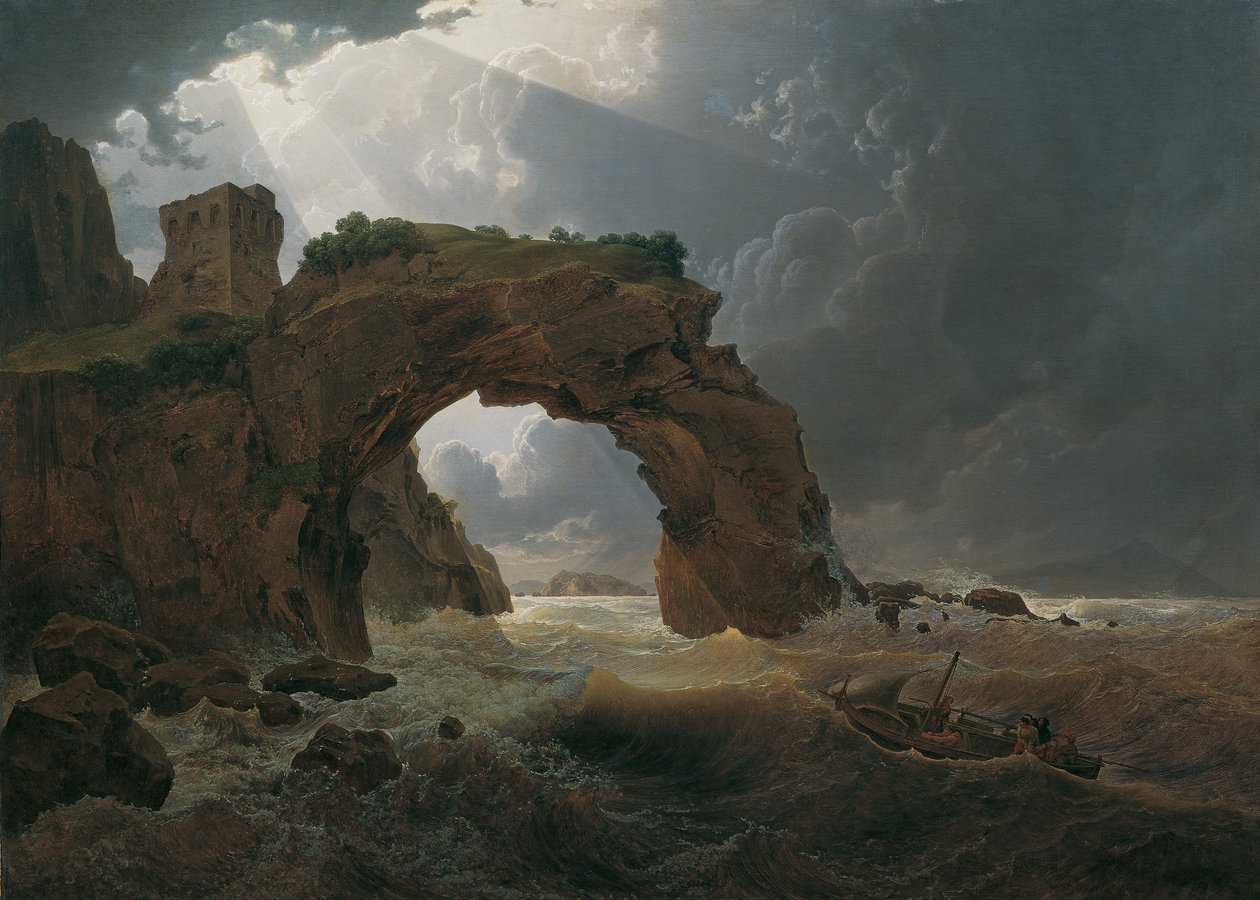 Sjøstorm ved Arco di Miseno nær Miliscola med utsikt mot Nisida av Joseph Rebell