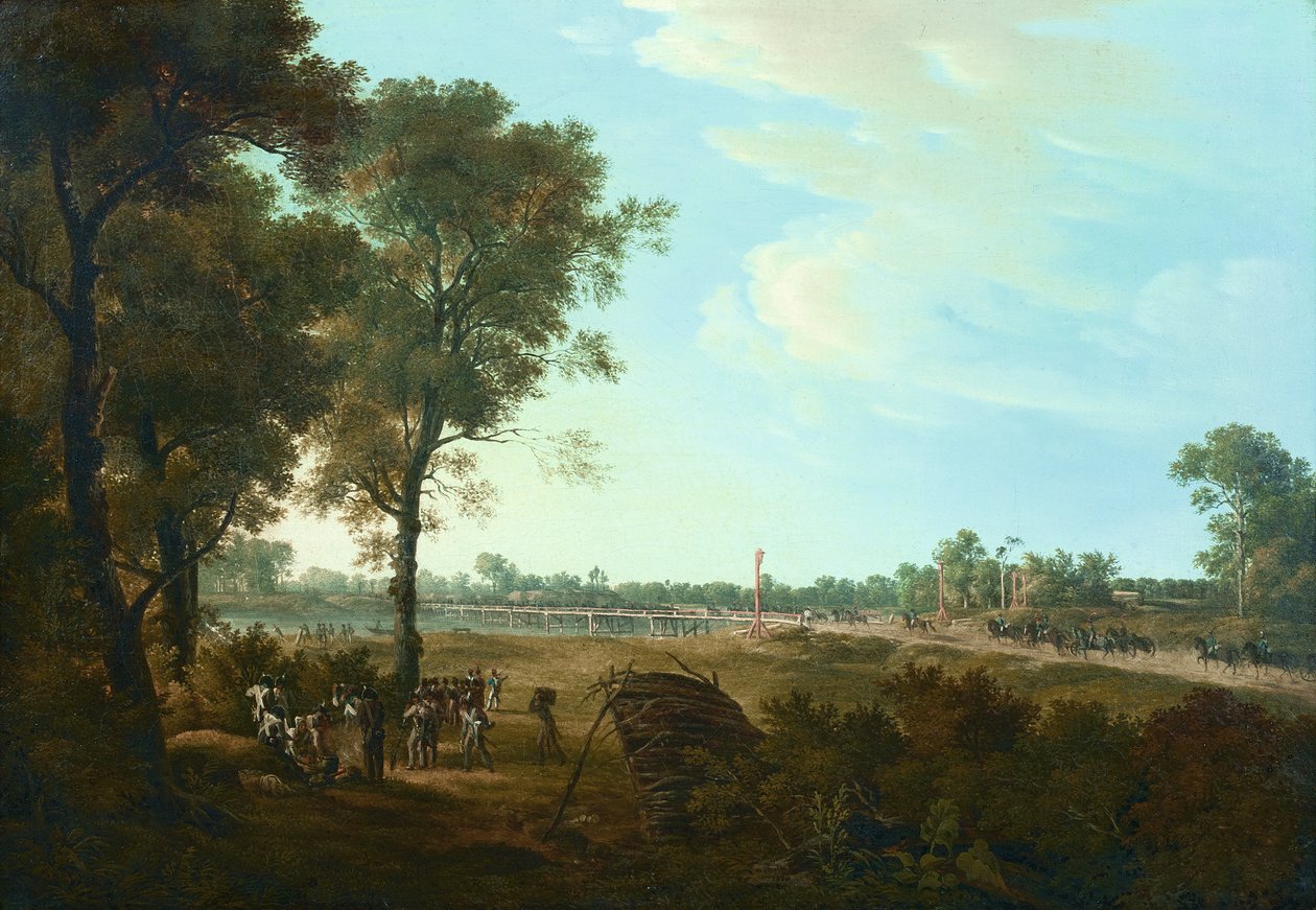 Scene fra Napoleonskrigene: Starten på brohodet i Lobau av Joseph Rebell