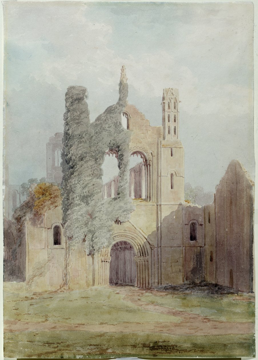 Kirkstall Abbey fra vestfronten (akvarell på papir) av Joseph Rhodes