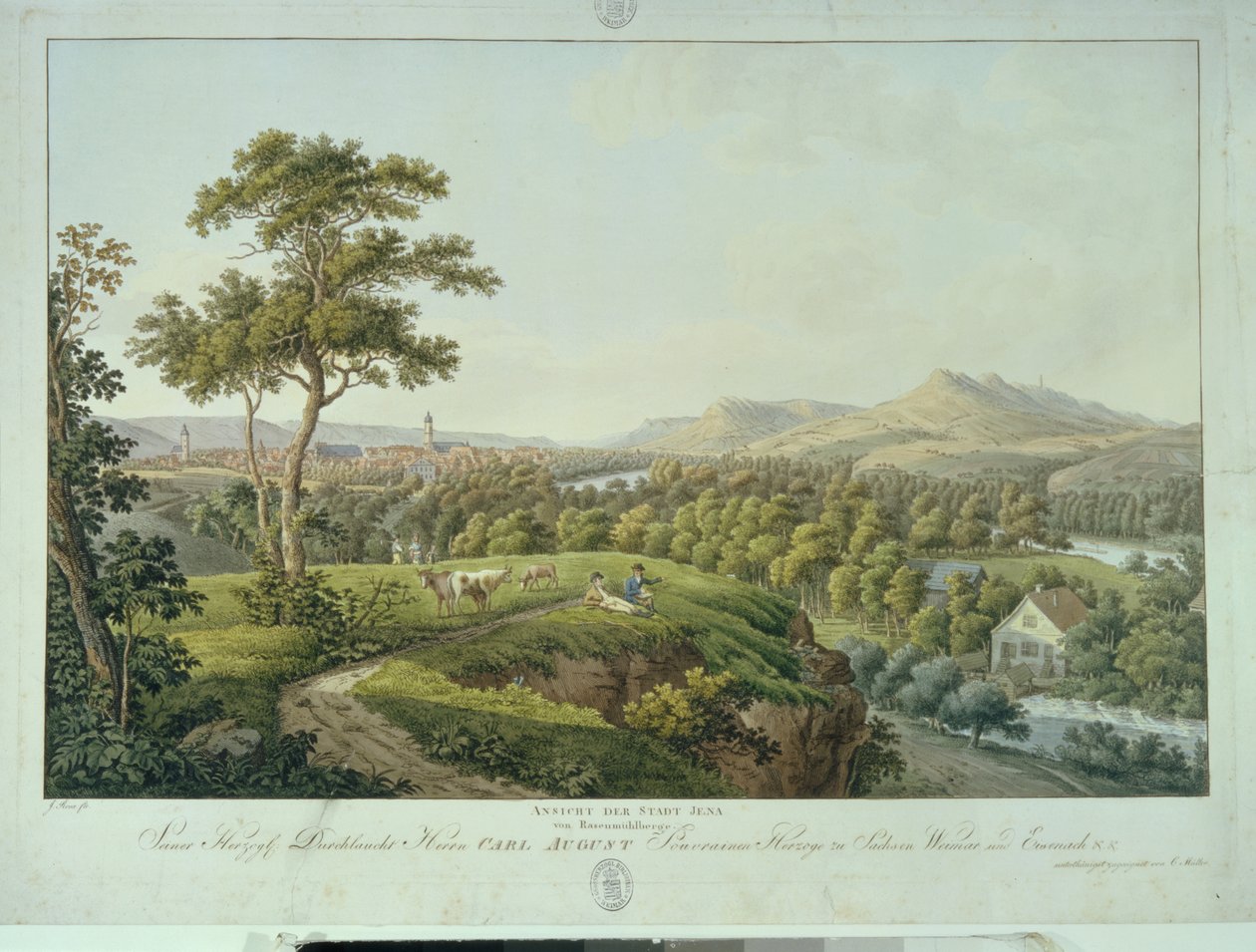 Utsikt over Jena fra Rasenhuehlberg, ca. 1810 (radering) av Joseph Roux
