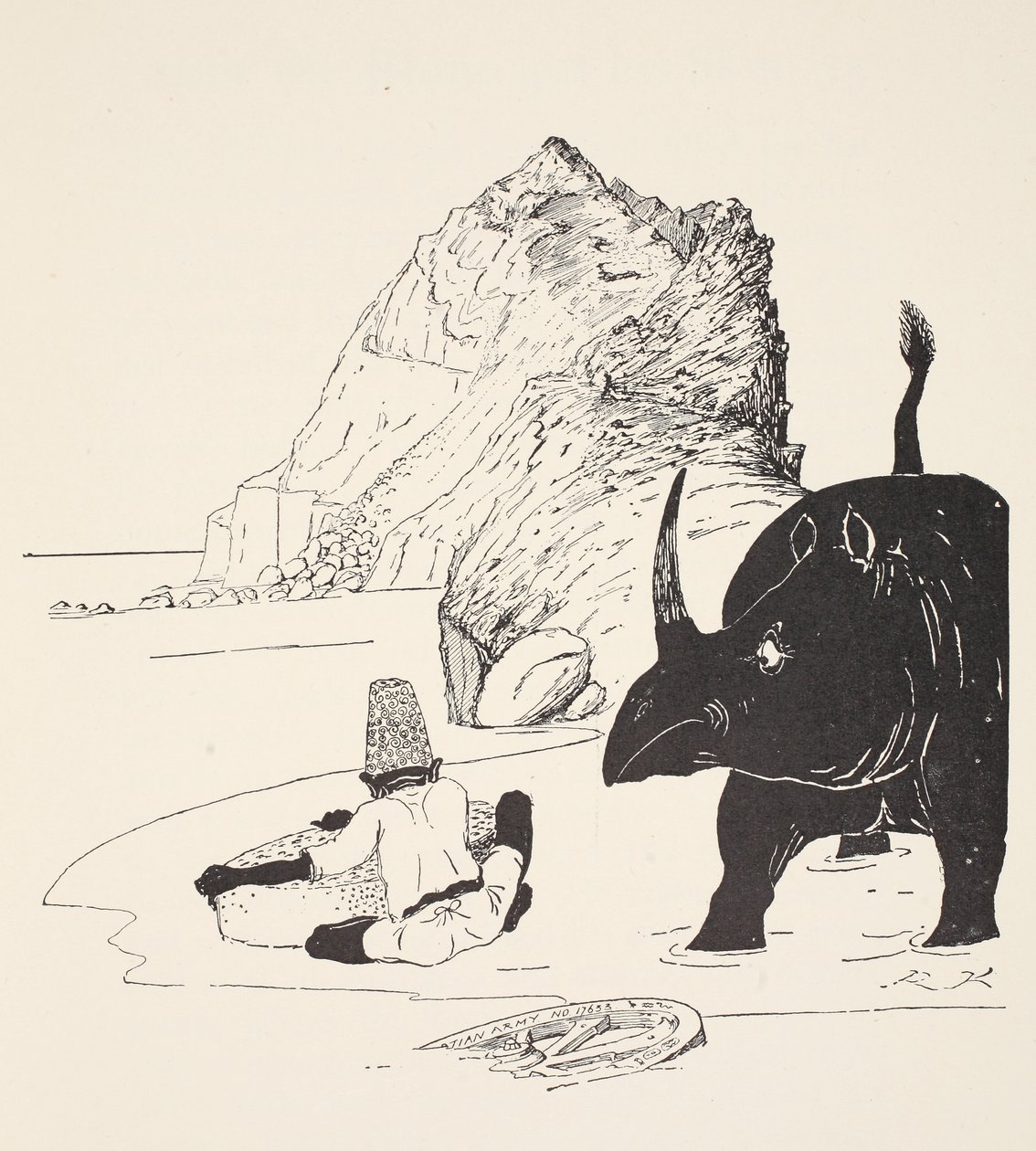 Parsee begynner å spise kaken sin på den ubebodde øya, illustrasjon fra "Just So Stories for Little Children" av Rudyard Kipling, pub. London, 1951 av Joseph Rudyard Kipling
