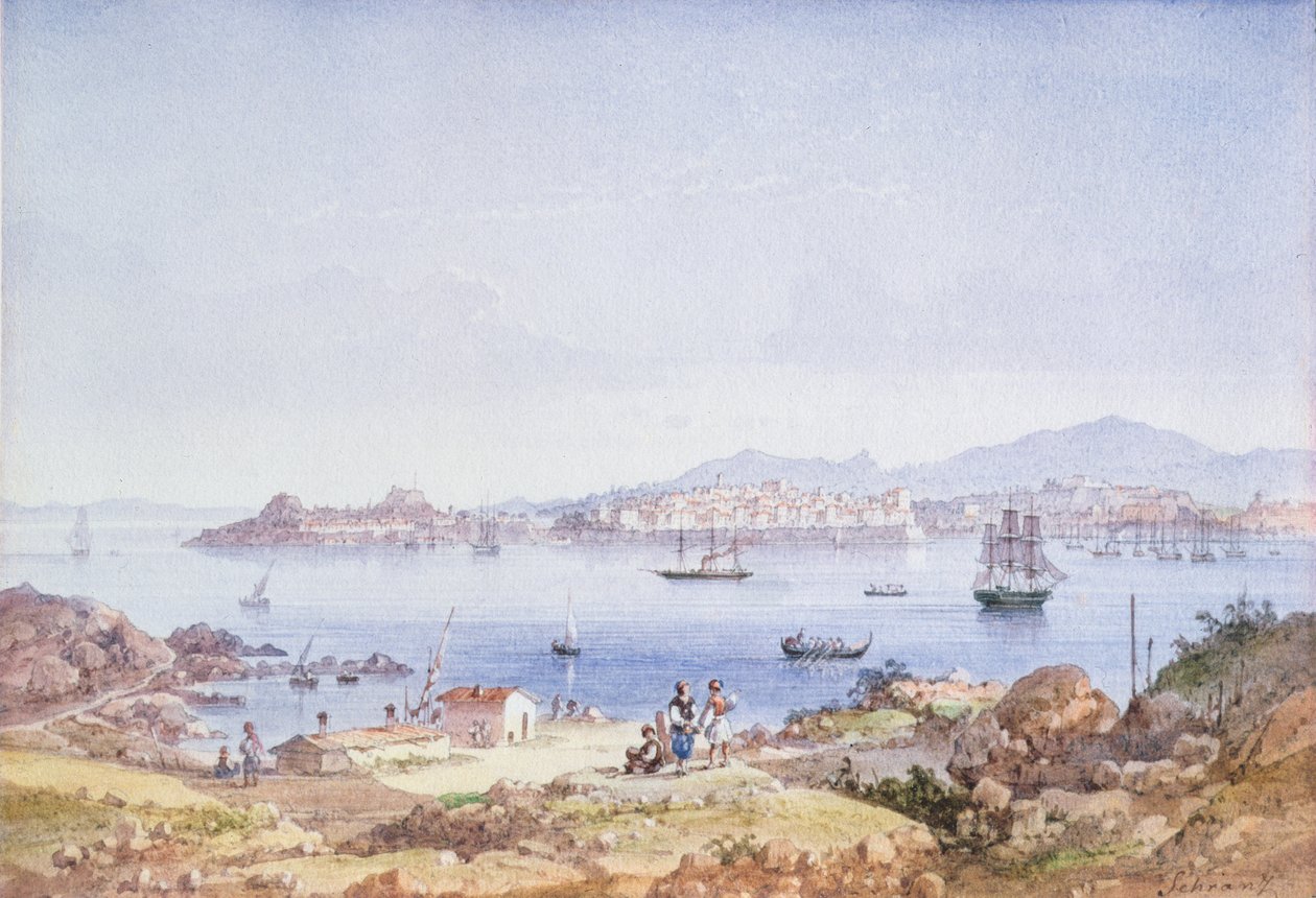Korfu fra øya Vidho, 1789 (wc) av Joseph Schranz