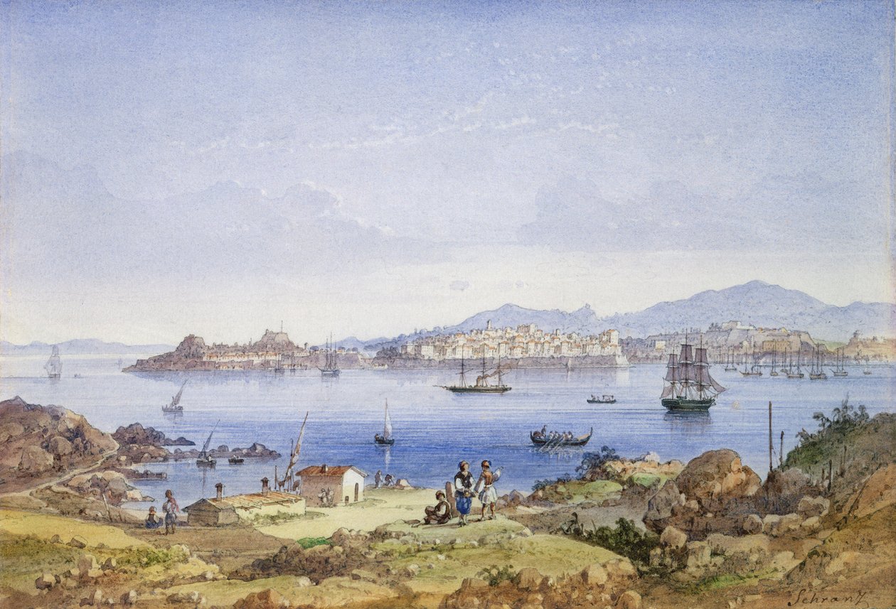 Korfu fra øya Vido, ca. 1845 (wc over blyant på papir) av Joseph Schranz