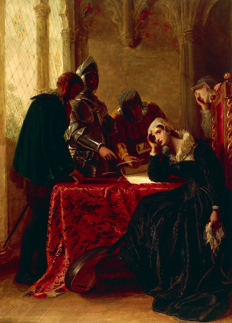 Abdikasjon av Mary Queen of Scots i Loch Leven Castle, ca. 1850 (olje på lerret) av Joseph Severn