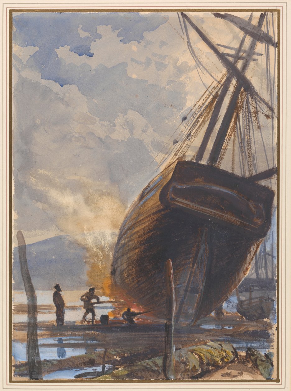 Caulking the Schooner, Falmouth Harbor av Joseph Severn