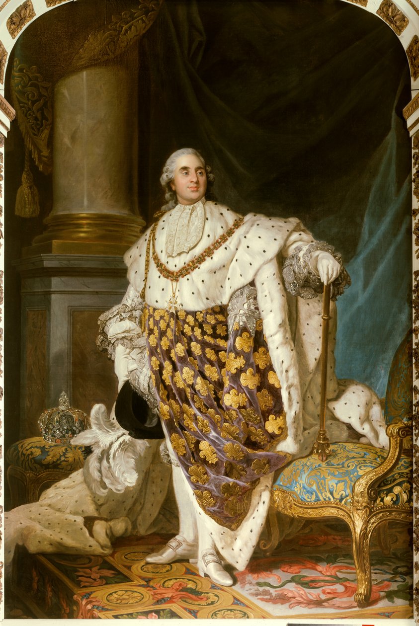 Portrett til fots av kongen av Frankrike Ludvig XVI i hellig drakt (1754-1793) Han har halskjedet av Den Hellige Ånds Orden (Hellige Ånd) - Maleri fra Atelier of Joseph Siffred Duplessis (1725-1802) (Joseph- Siffrede, Joseph-Siffrede, Joseph Si av Joseph Siffred Duplessis