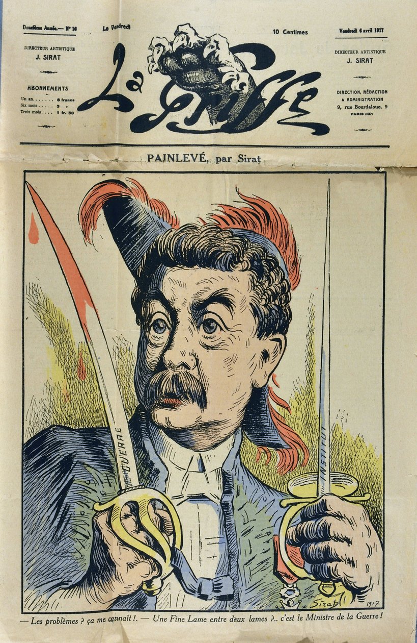 Portrett av den franske matematikeren og politikeren Paul Painleve (1863-1933) karikatur av Sirat dan "La Griffe"" fra 1917. av Joseph Sirat