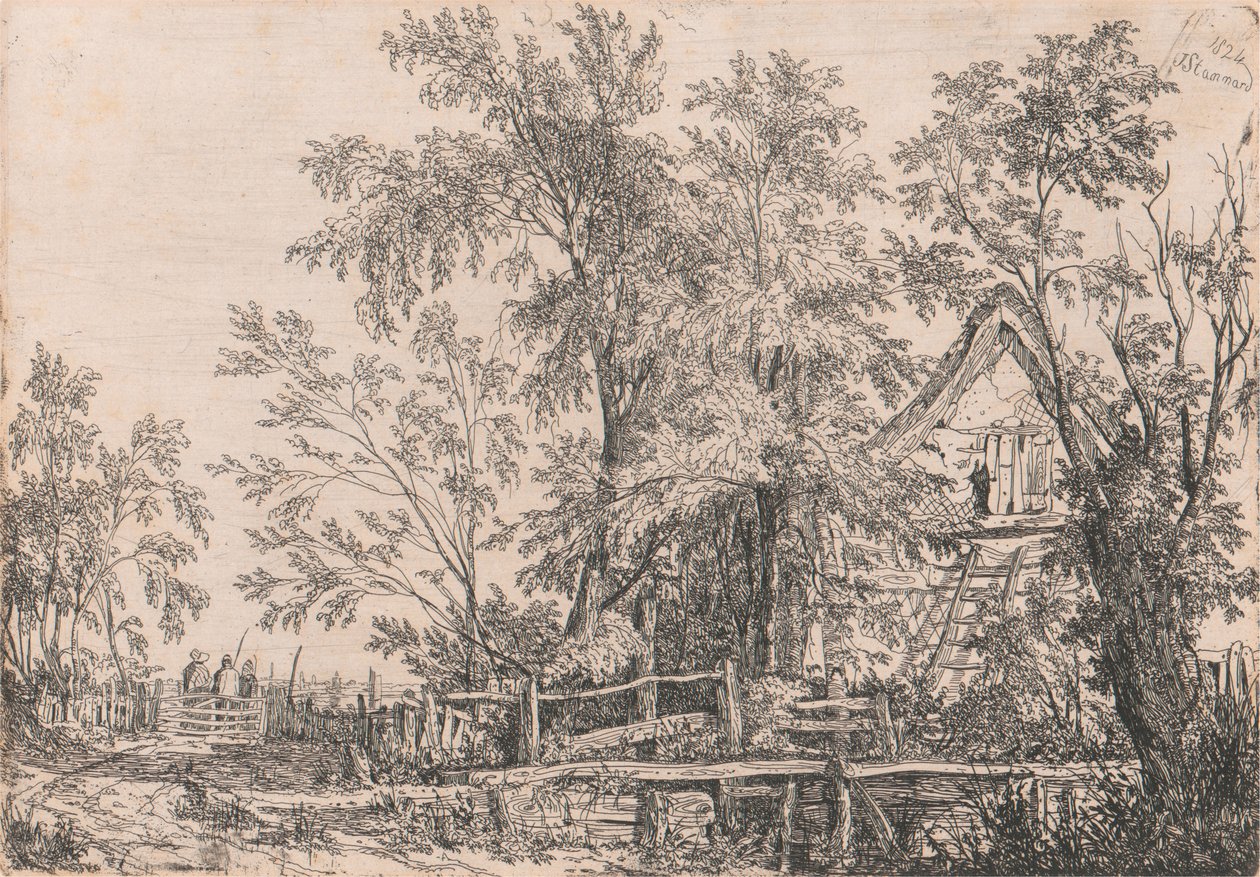 Forlatt hytte i landskap med figurer av Joseph Stannard