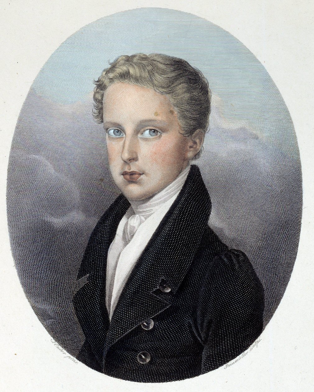 Portrett av hertugen av Reichstadt (1811-1832), sønn av Napoleon I og Marie Louise av Østerrike Gravering av Joseph Steinmuller (1795-1841) 1827 Privat samling av Joseph Steinmuller
