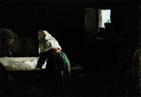 A Woman Washing (olje på panel) av Joseph Stella