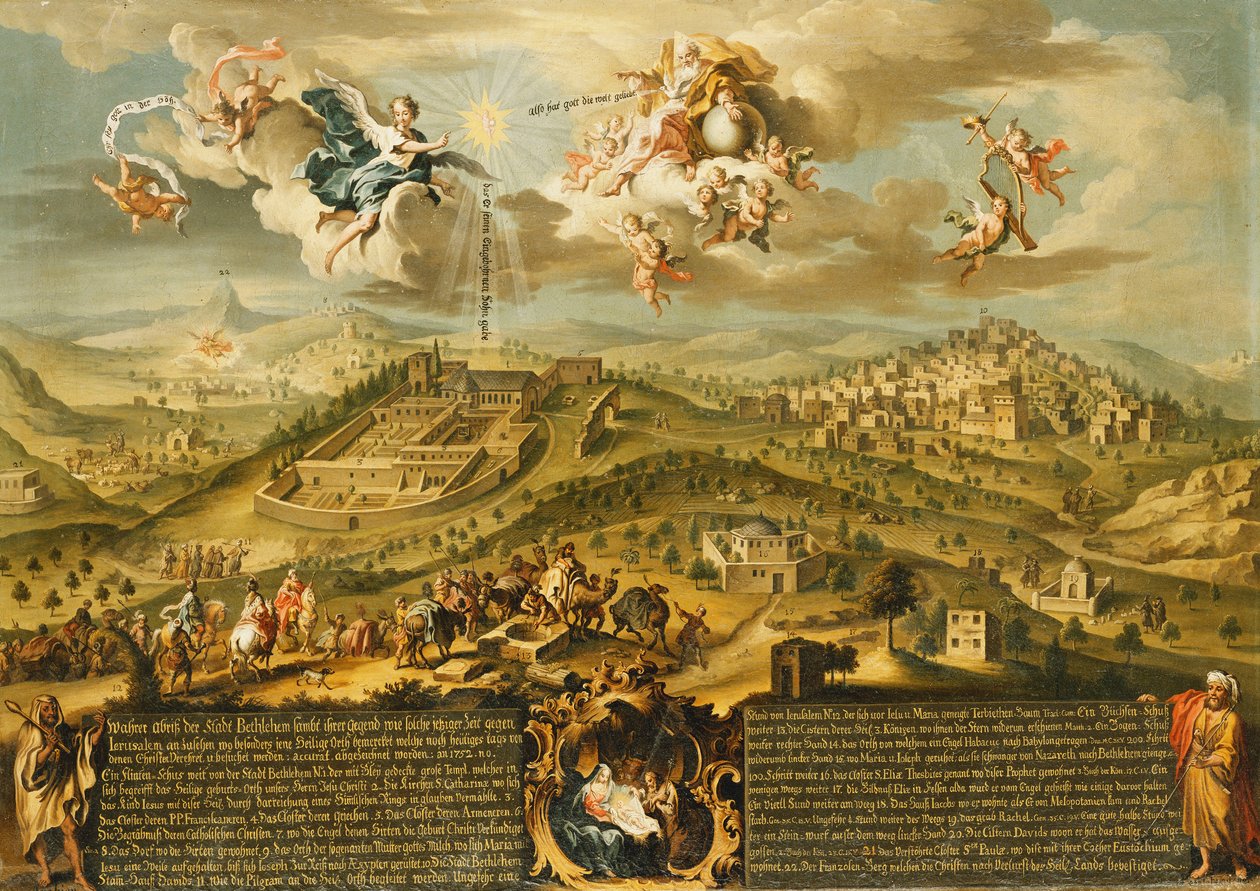 En utsikt over Betlehem med magienes reise, treenigheten over og fødselen i en malt kartusj nedenfor, 1752 av Joseph Stephan
