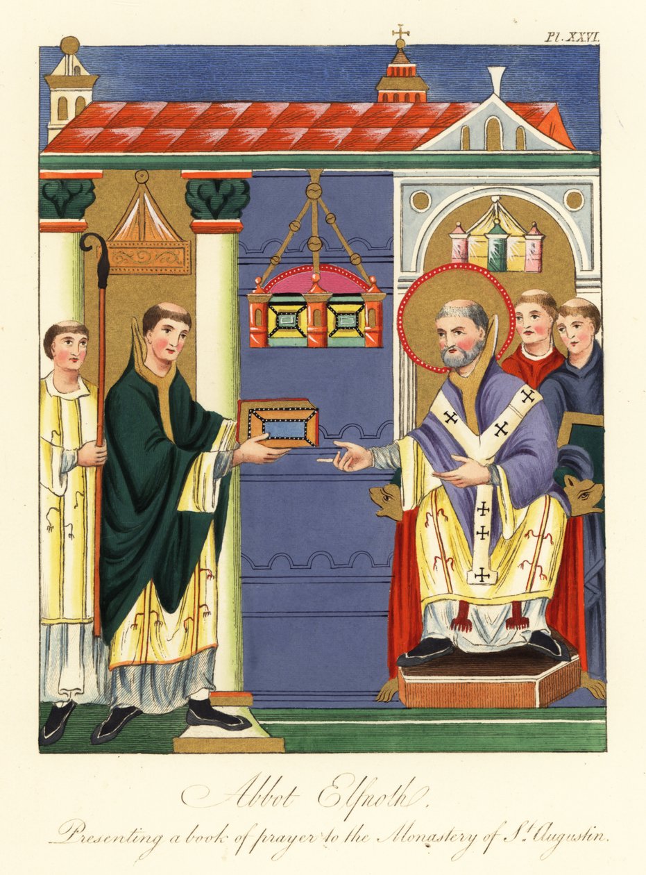Abbed Elfnoth presenterer en bok til St Augustine, 1858 (gravering) av Joseph Strutt