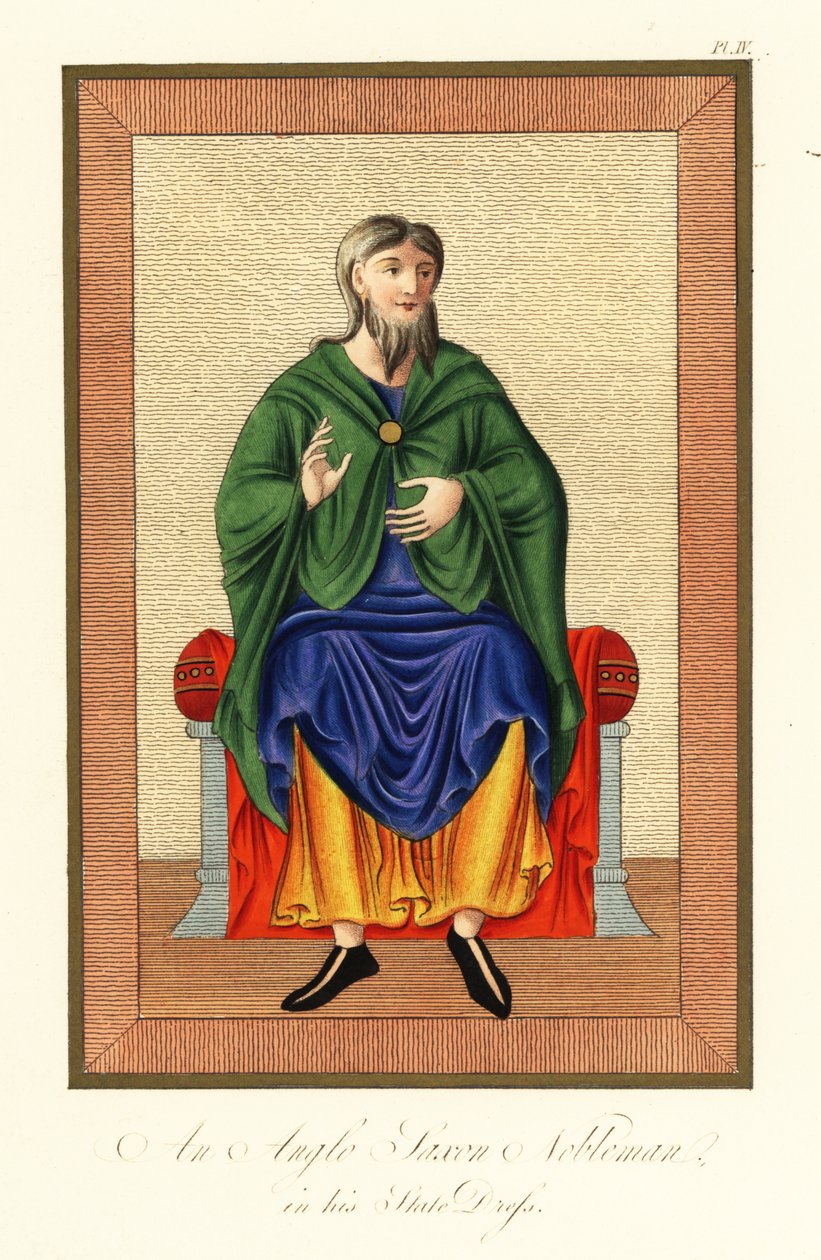 Nobil anglo-saxon în rochia sa de stat, secolul al VIII-lea, 1845 (gravură) norvegian av Joseph Strutt