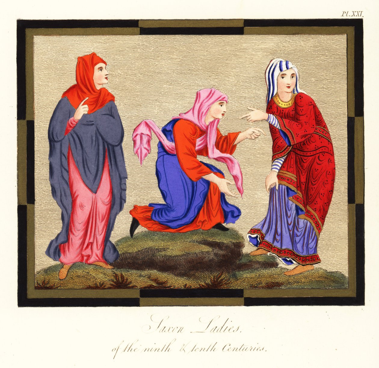 Angelsaksiske kvinnekostymer, 9. og 10. århundre, 1854 (gravering) av Joseph Strutt
