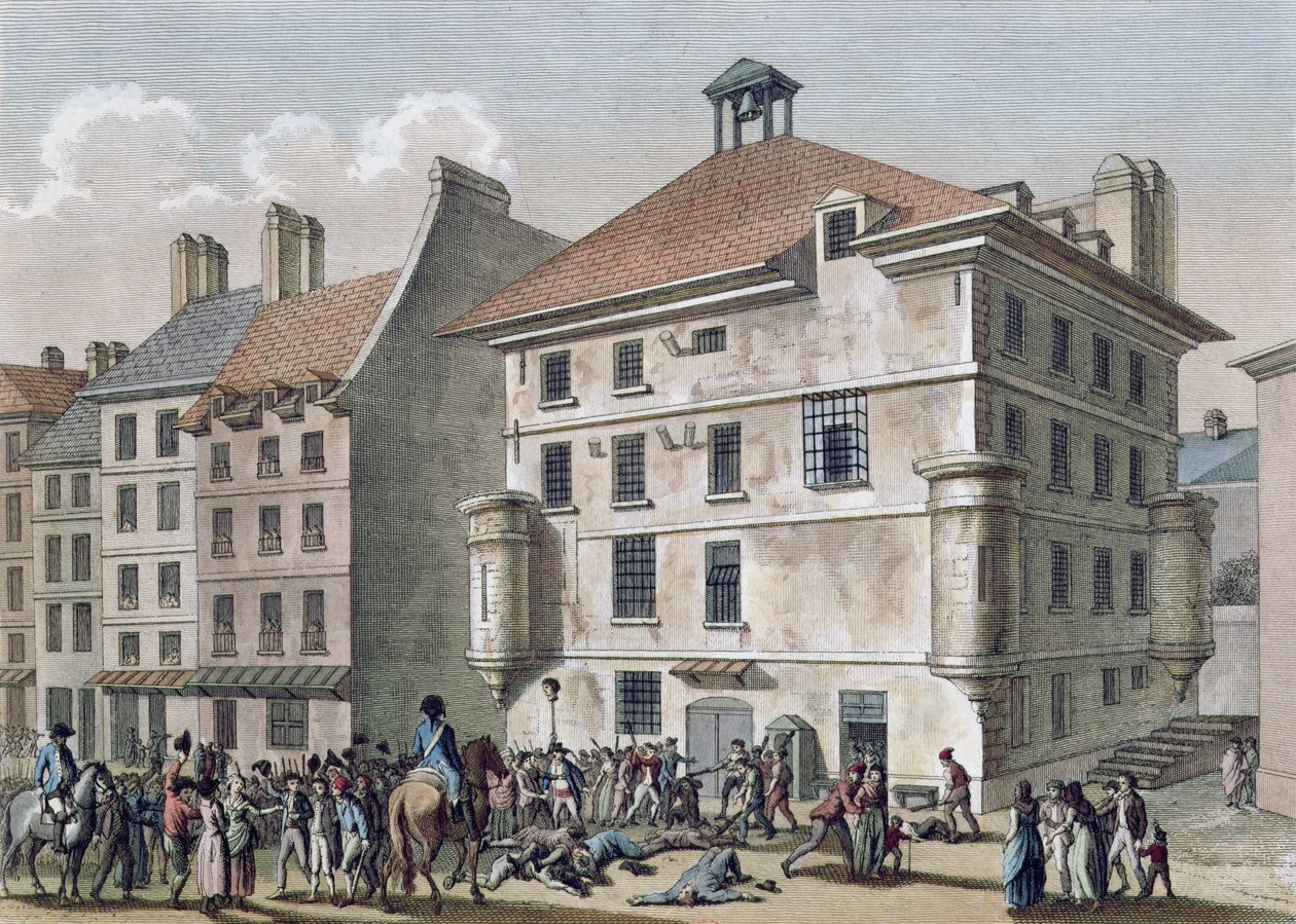 Septembermassakrene: Massakren i Abbaye-fengselet nær St. Germain des Pres, 2.-5. september 1792, gravert av Reinier Vinkeles (1741-1816) og Daniel Vrydag (1765-1822) (farget gravering) av Joseph Swebach Desfontaines