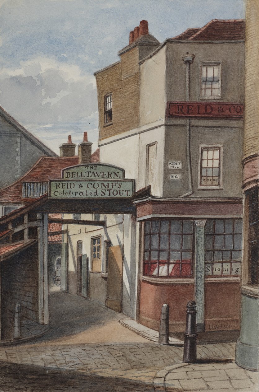 Utsikt over Bell Tavern, Addle Hill, som viser tegn til Reid og Companys feirede stout, og en fortauskantstolpe, 1868 (wc på papir) av Joseph Thomas Wilson