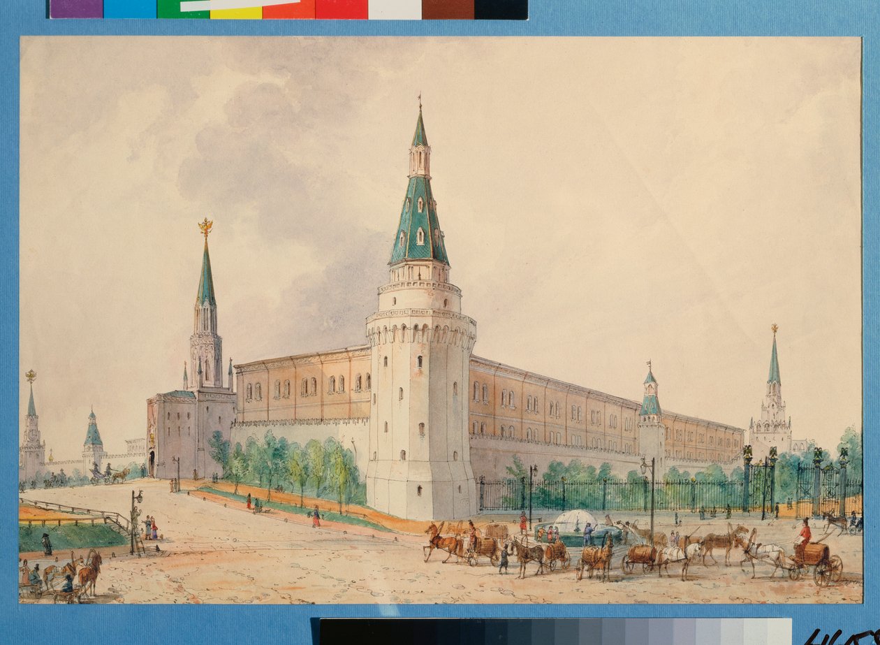 The Resurrection Square and the Alexander Garden in Moscow (The Resurrection Square and the Alexander Garden in Moscow) - Verk av Joseph Vivien (1793-1852), akvarell på papir, polsk kunst 1800-tallet, klassisisme - Statens historiske museum , Mosk av Joseph Vivien