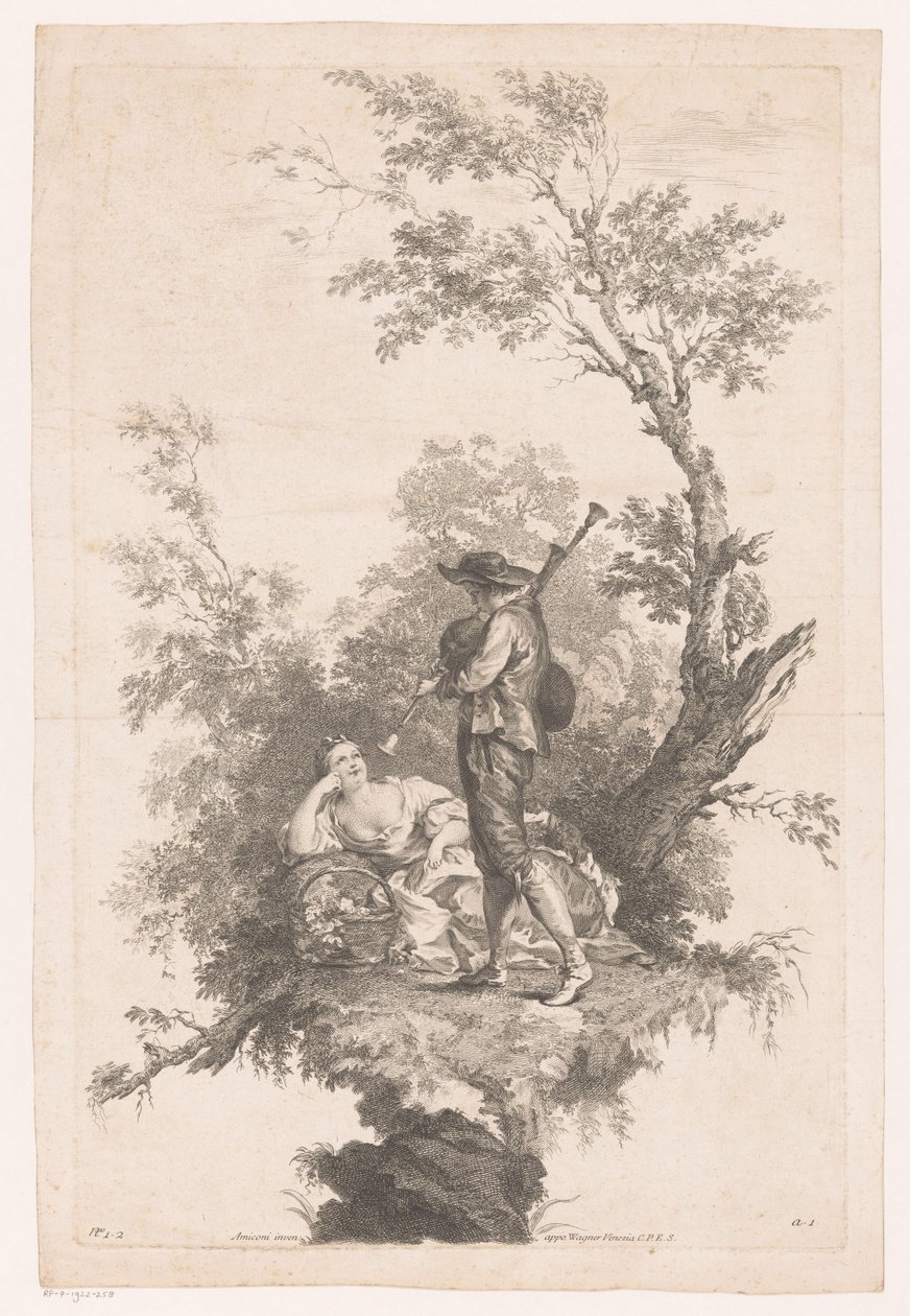 Shepherd spiller sekkepipe for en ung kvinne Vår Four Seasons (serietittel) av Joseph Wagner (possibly)