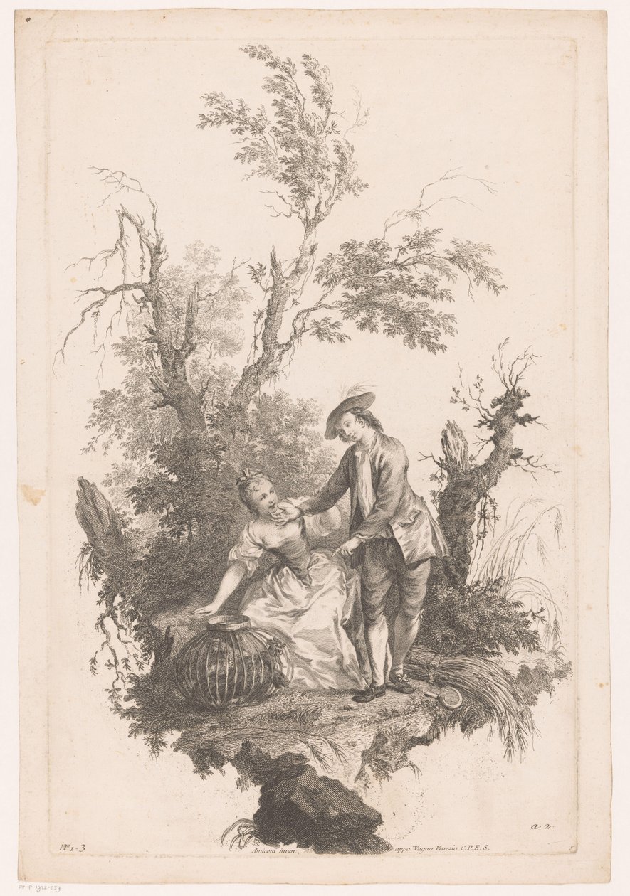 Mann og kvinne med en kurv med fjærfe Summer Four Seasons (serietittel) av Joseph Wagner (possibly)